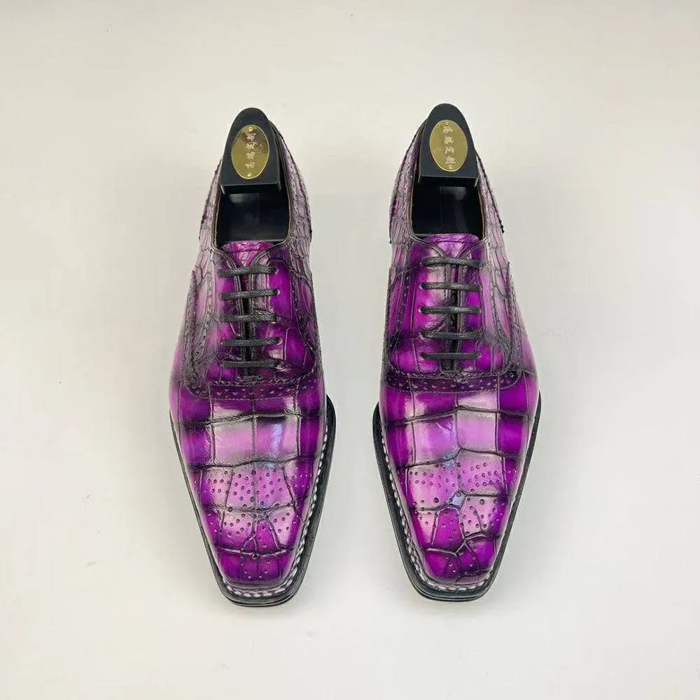 Comfortable Walk Crocodile Leather Norwegian Sewn Goodyear Fiddleback Sole  Lace Up Dress Shoes Vintage Mauve