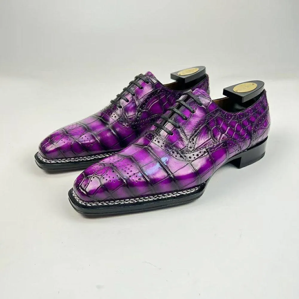Look Glow Cap Toe Crocodile Leather Norwegian Sewn Goodyear Fiddleback Sole  Lace Up Dress Shoes Vintage Mauve