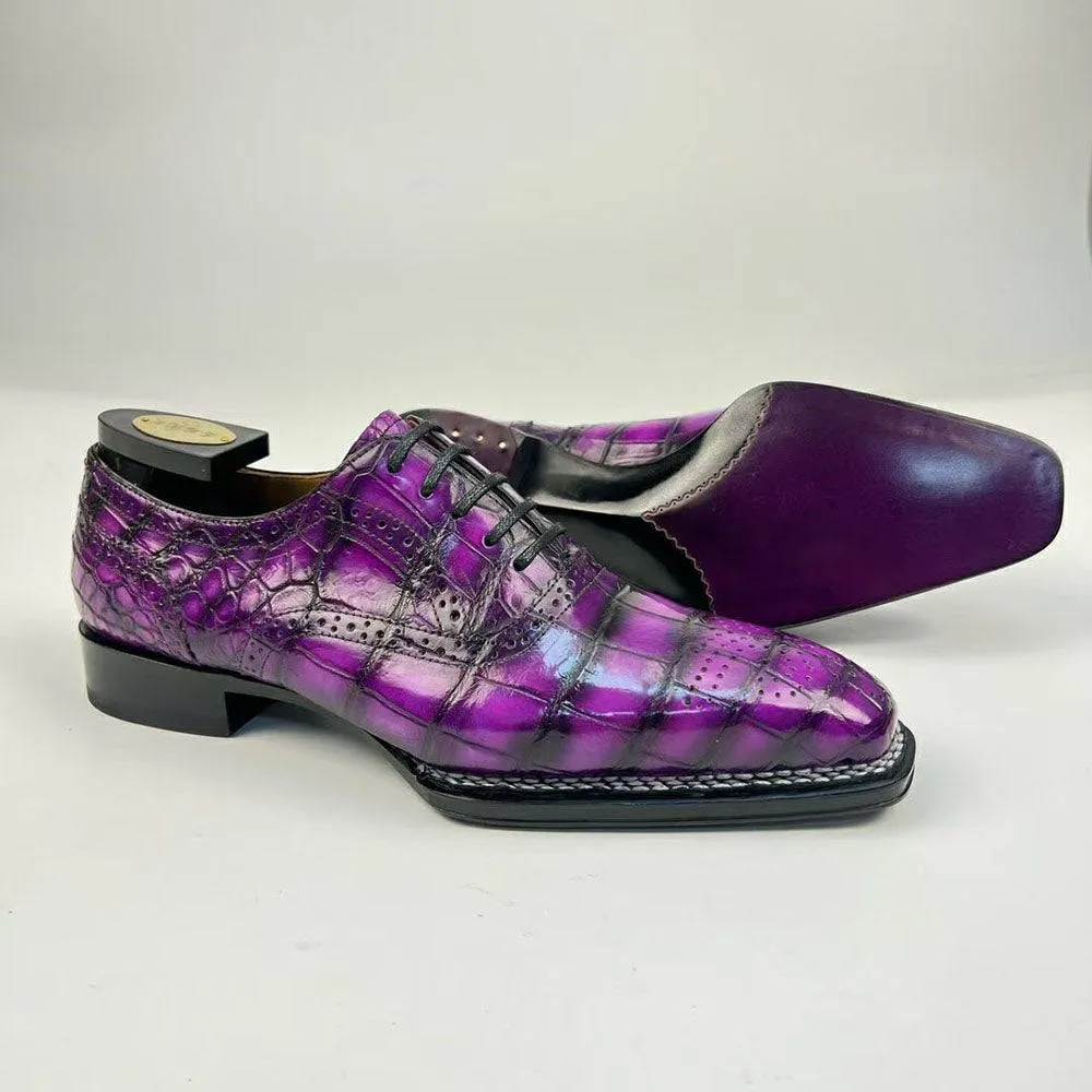 Crocodile Leather Norwegian Sewn Goodyear Fiddleback Sole  Lace Up Dress Shoes Vintage Mauve Field Glow High Quality