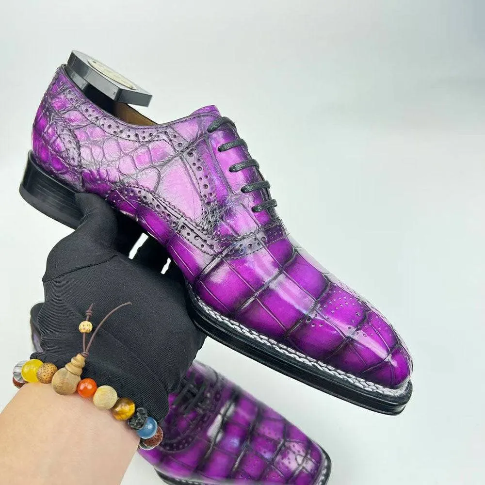 Comfortable Insole Crocodile Leather Norwegian Sewn Goodyear Fiddleback Sole  Lace Up Dress Shoes Vintage Mauve