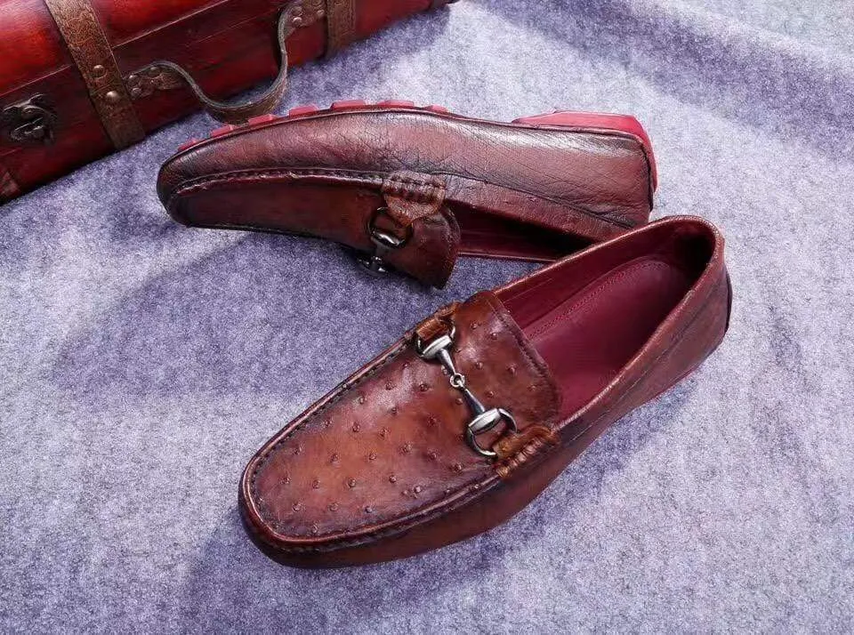 Reliable Comfort Crocodile Shoes Genuine Ostrich Leather  Men's  Moc Toe Bit Loafer Retro Brown