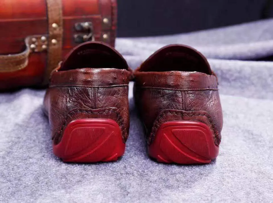 Crocodile Shoes Genuine Ostrich Leather  Men's  Moc Toe Bit Loafer Retro Brown Earth Tone High Lane
