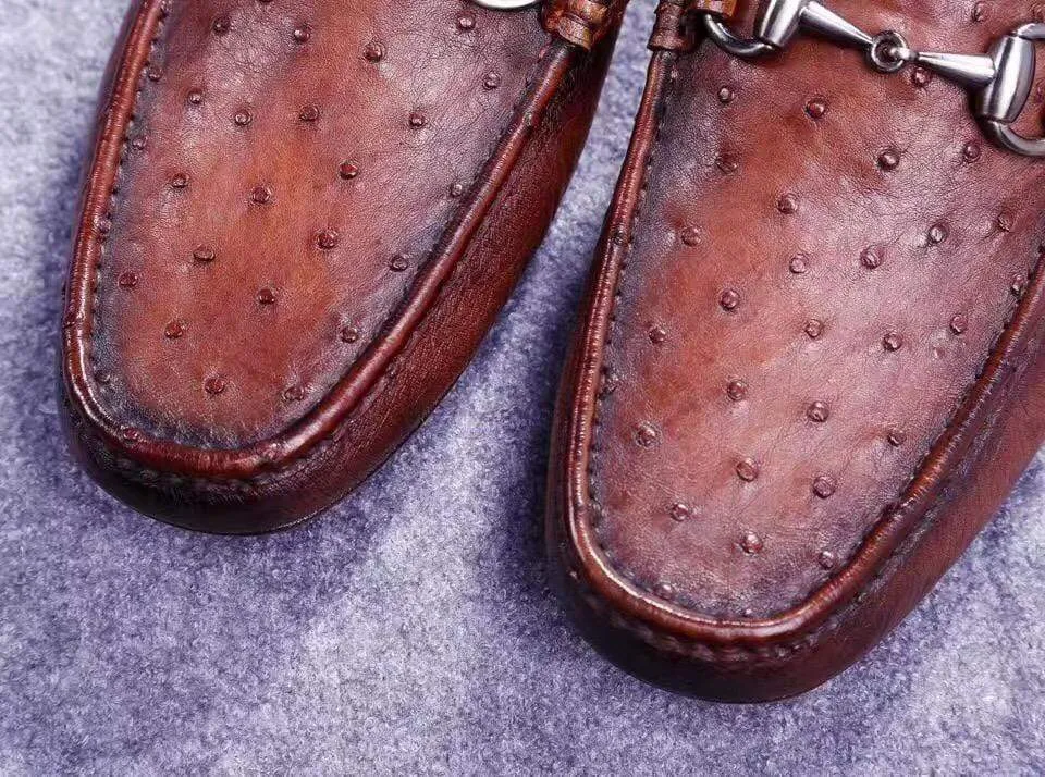 Crocodile Shoes Genuine Ostrich Leather  Men's  Moc Toe Bit Loafer Retro Brown Round Toe Cozy Footwear Style
