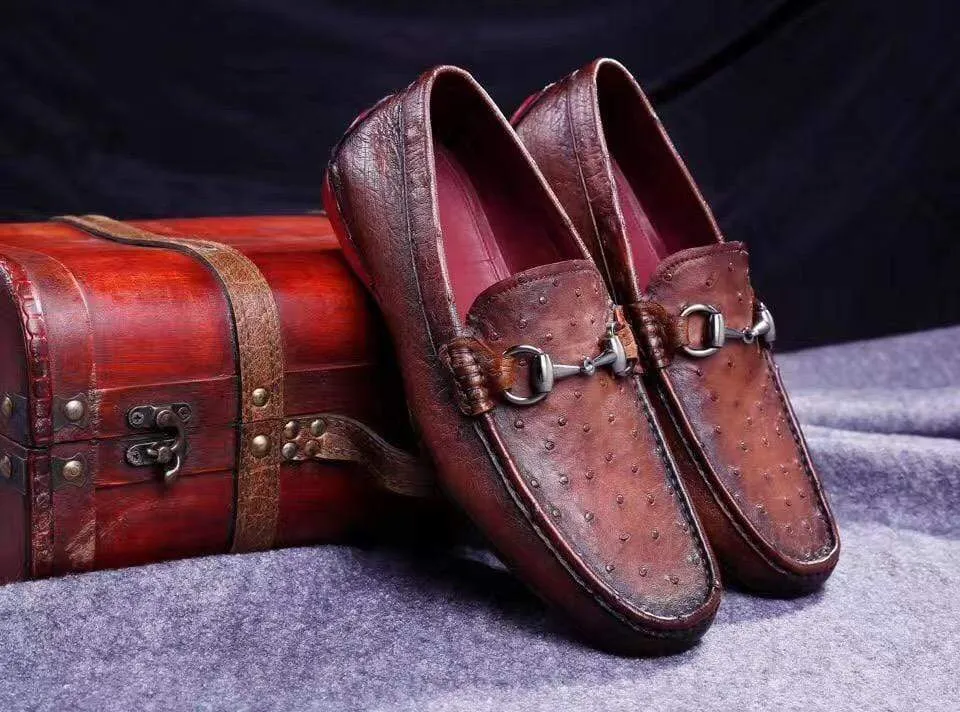 Crocodile Shoes Genuine Ostrich Leather  Men's  Moc Toe Bit Loafer Retro Brown Port Step Supportive Footbed Design