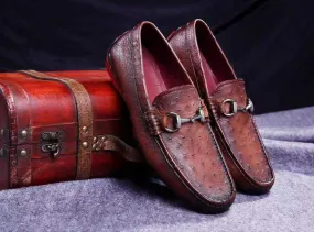 Crocodile Shoes Genuine Ostrich Leather  Men's  Moc Toe Bit Loafer Retro Brown Port Step Supportive Footbed Design