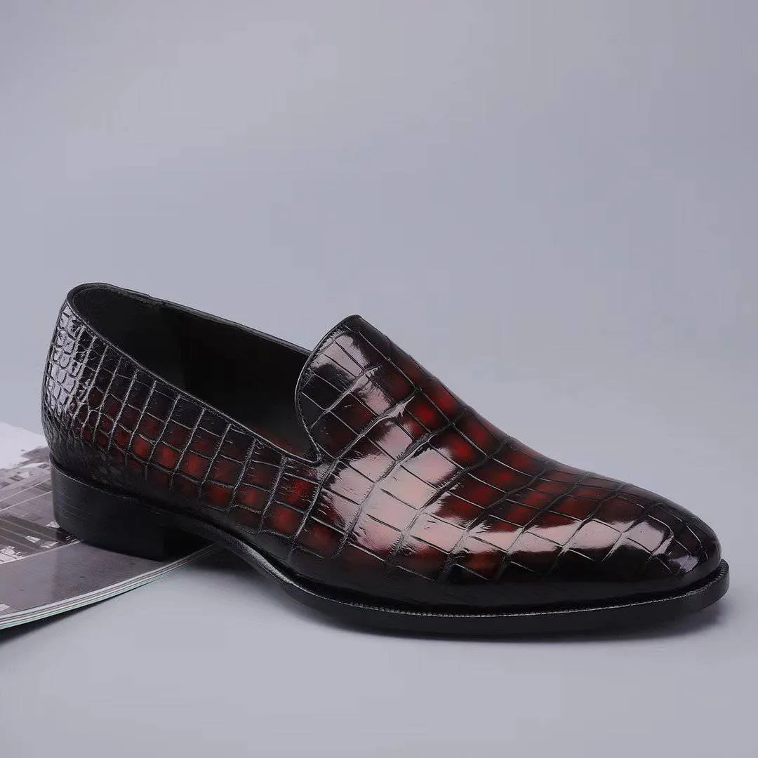Gift Day Crocodile Shoes Men's Slip On Loafer Shoes, Genuine Crocodile Leather Casual Dress Shoes Vintage Wine Red
