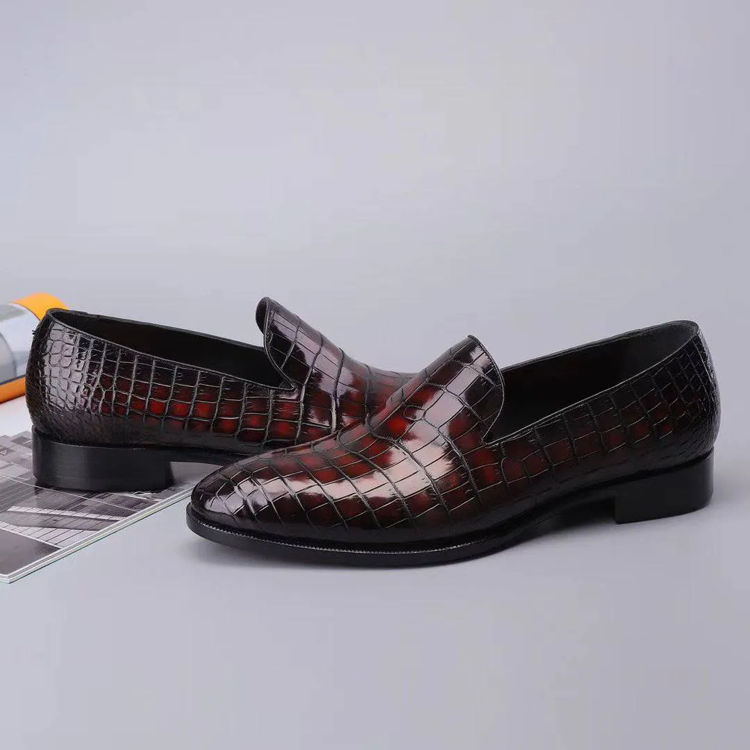 runway look Stylish Fit Crocodile Shoes Men's Slip On Loafer Shoes, Genuine Crocodile Leather Casual Dress Shoes Vintage Wine Red