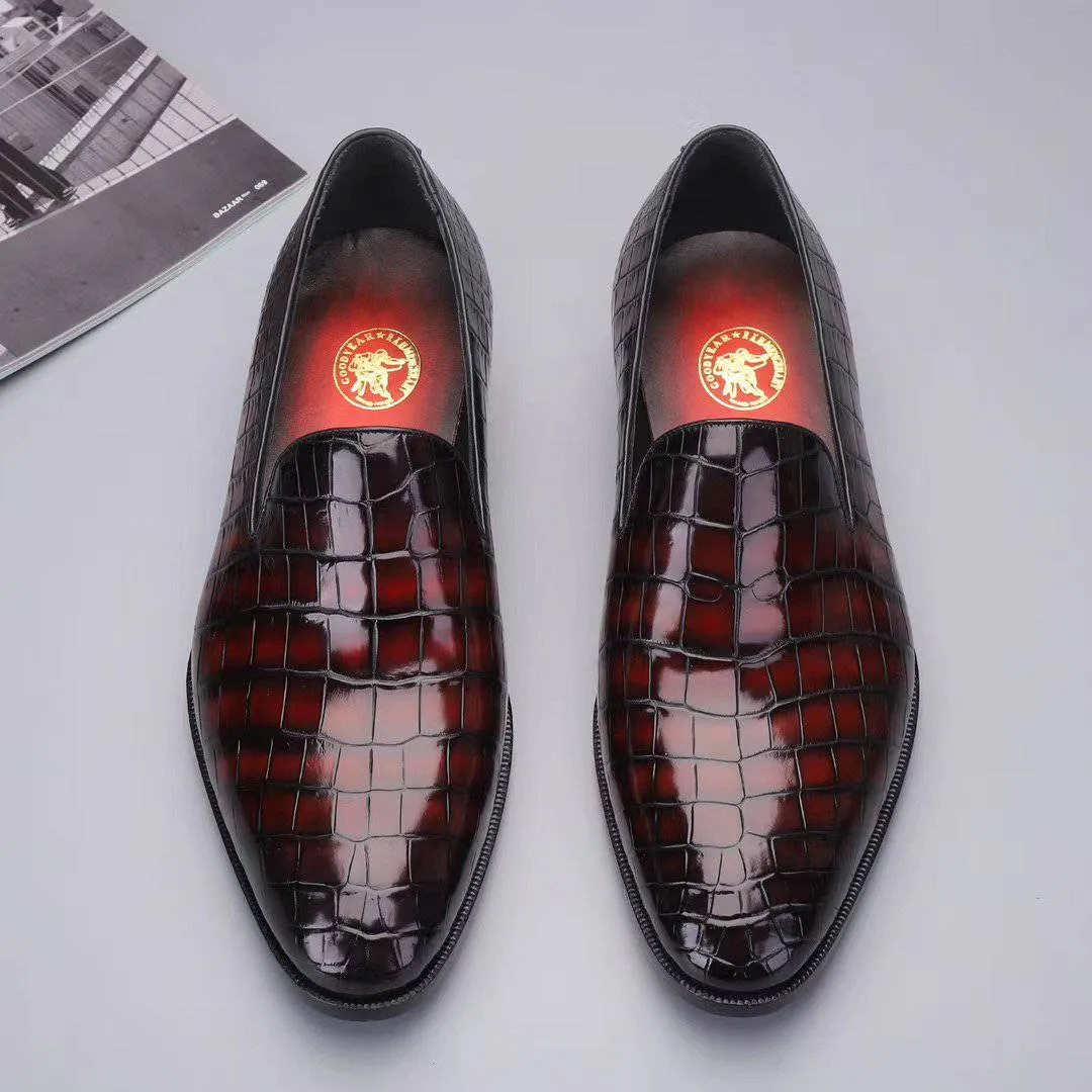 Buy Step Quiet Walk Crocodile Shoes Men's Slip On Loafer Shoes, Genuine Crocodile Leather Casual Dress Shoes Vintage Wine Red