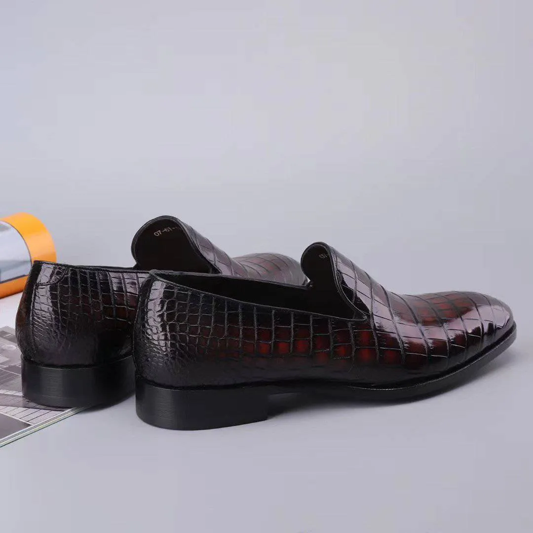 Indoor Use Cozy Cushion Crocodile Shoes Men's Slip On Loafer Shoes, Genuine Crocodile Leather Casual Dress Shoes Vintage Wine Red
