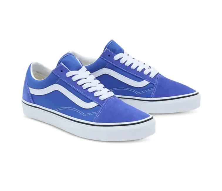 Vans Old Skool Colour Theory (Dazzling Blue) running in a tundra area shoes
