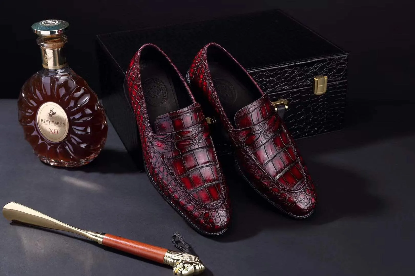 Foot-Friendly Shoes Trendy Step Crocodile Shoes Mens Crocodile Leather Penny Loafer Shoes Vintage Wine Red
