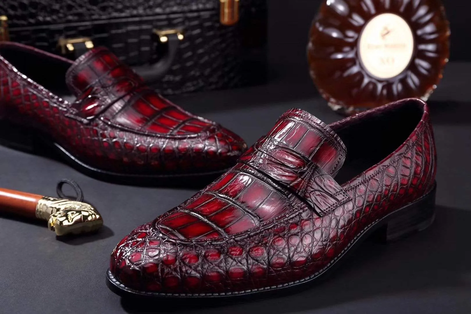Quiet Spot Crocodile Shoes Mens Crocodile Leather Penny Loafer Shoes Vintage Wine Red