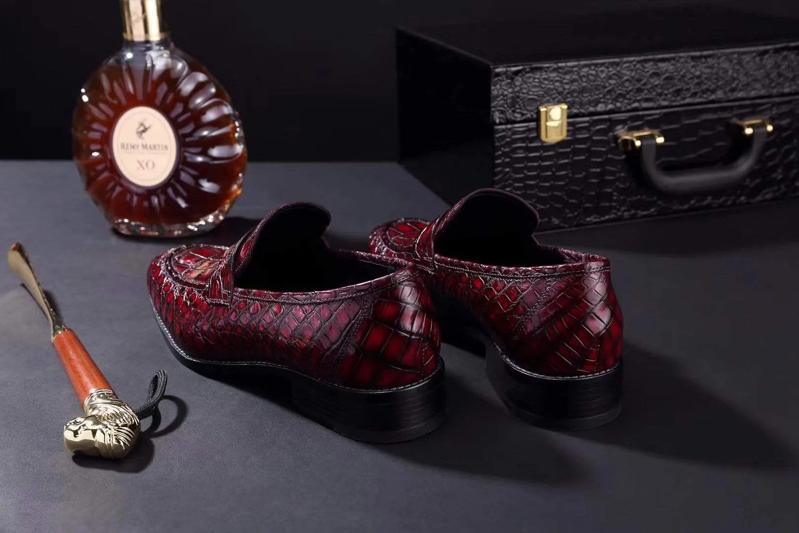 Light Comfort Flats Tree Lane Crocodile Shoes Mens Crocodile Leather Penny Loafer Shoes Vintage Wine Red