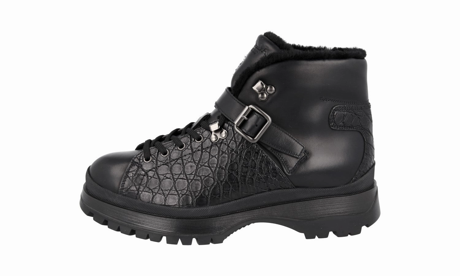 Weatherproof Fit Prada Men's Black Leather Brixxen Croc Shearling Half-Boot 2TE158