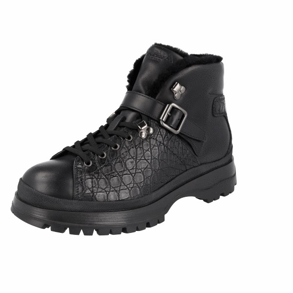 Street-Ready Style Prada Men's Black Leather Brixxen Croc Shearling Half-Boot 2TE158