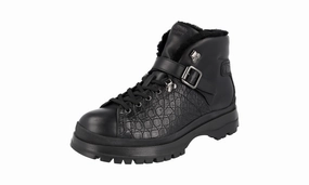 Work Wardrobe Smart Comfort Prada Men's Black Leather Brixxen Croc Shearling Half-Boot 2TE158