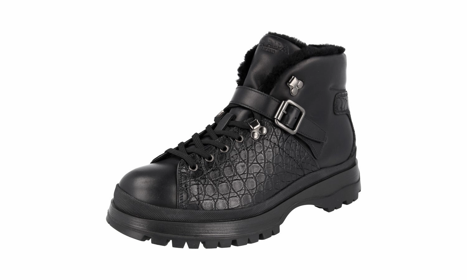 Work Wardrobe Smart Comfort Prada Men's Black Leather Brixxen Croc Shearling Half-Boot 2TE158