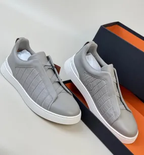 Urban Day Crocodile Shoes , Calfskin Leather Mid-Genuine Crocodile Skin Leather Sneakers  Grey