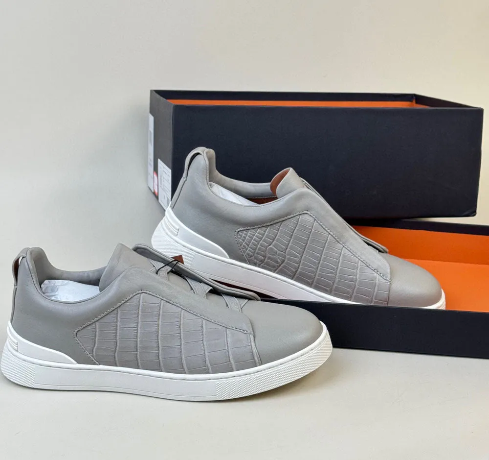 Soft Support Comfortable Footwear Crocodile Shoes , Calfskin Leather Mid-Genuine Crocodile Skin Leather Sneakers  Grey