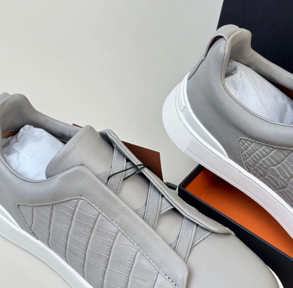 Jog Step Everyday Use Crocodile Shoes , Calfskin Leather Mid-Genuine Crocodile Skin Leather Sneakers  Grey