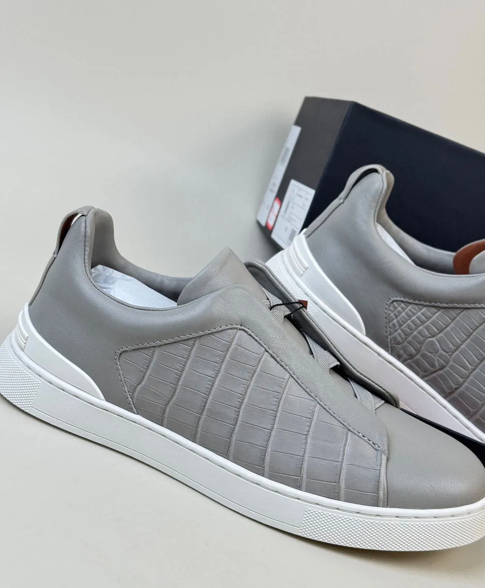 Crocodile Shoes , Calfskin Leather Mid-Genuine Crocodile Skin Leather Sneakers  Grey Team Play