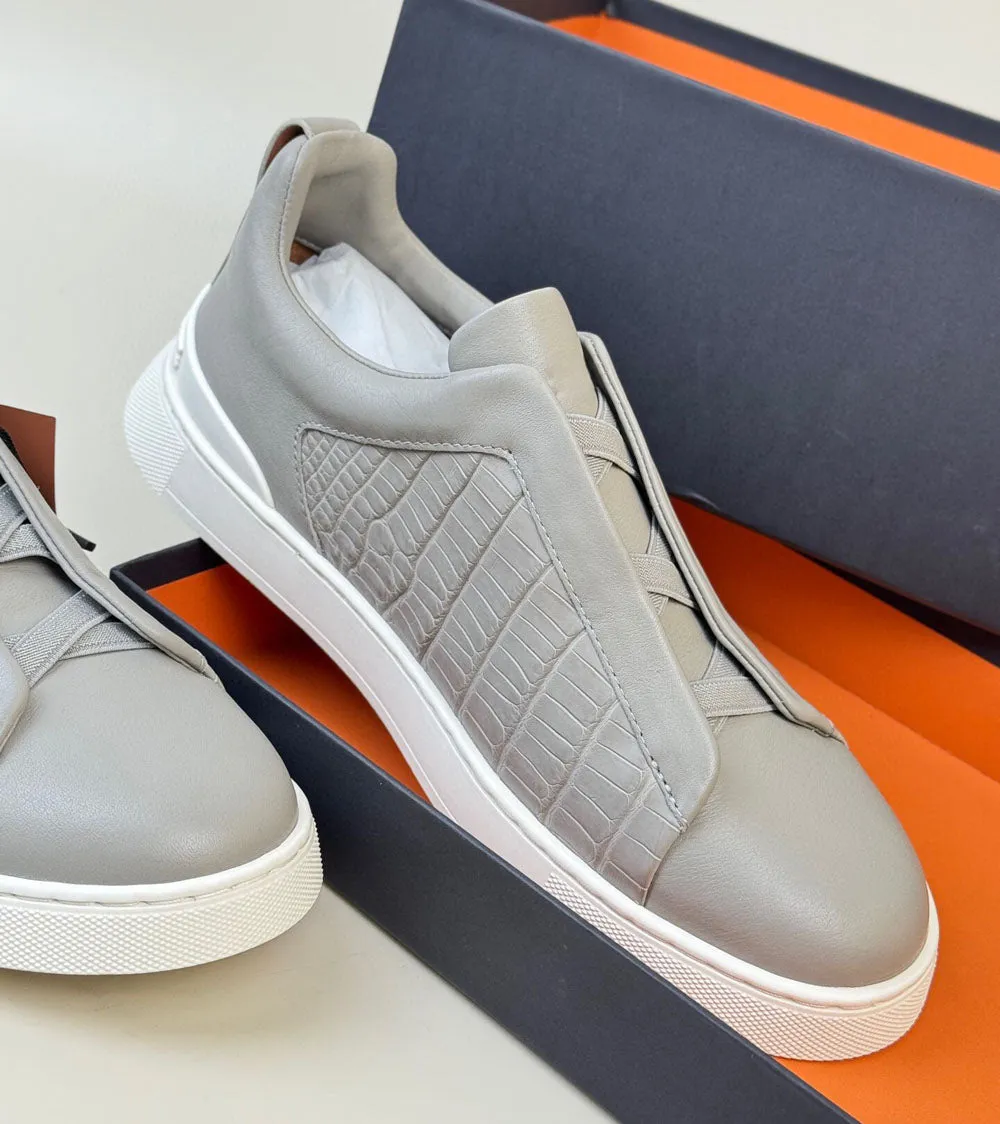 Shore Glow Crocodile Shoes , Calfskin Leather Mid-Genuine Crocodile Skin Leather Sneakers  Grey