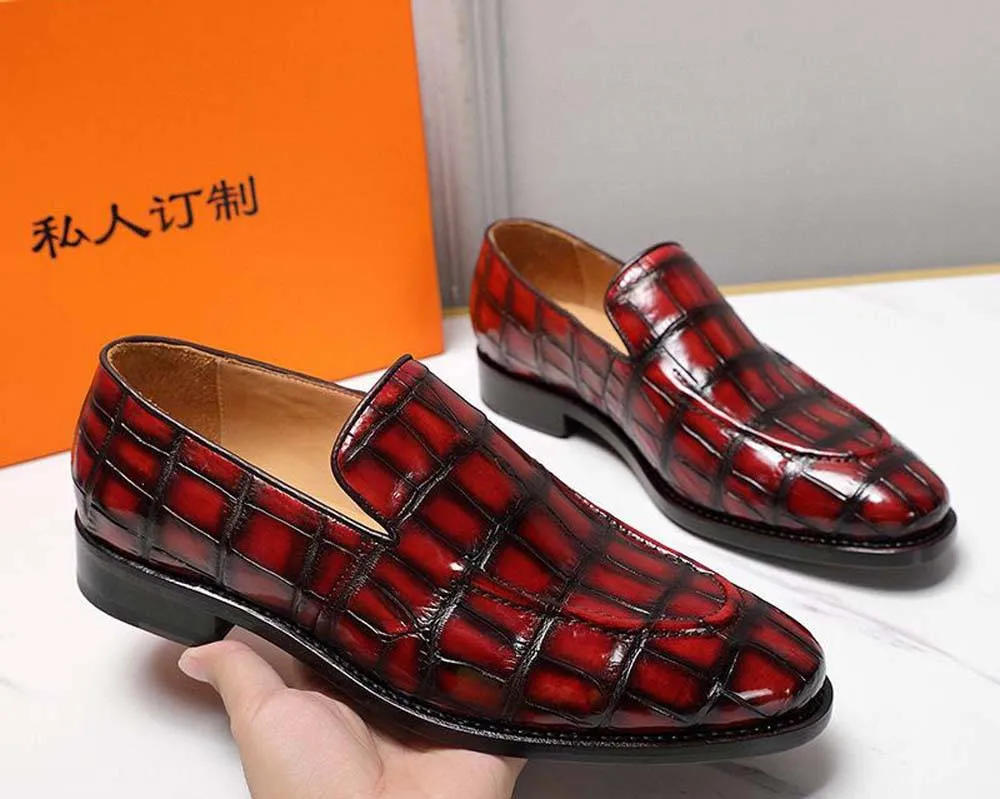 Crocodile Shoes Men's Crocodile Leather Loafers Slip-On Dress Shoes Vintage Red Dock Style