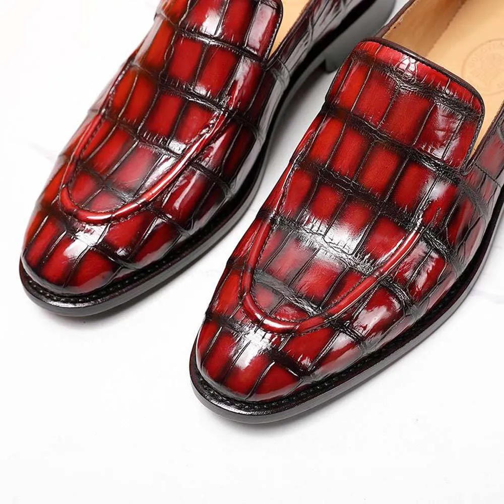 Chic Fit Shoes Fashion Comfort Shoes Crocodile Shoes Men's Crocodile Leather Loafers Slip-On Dress Shoes Vintage Red