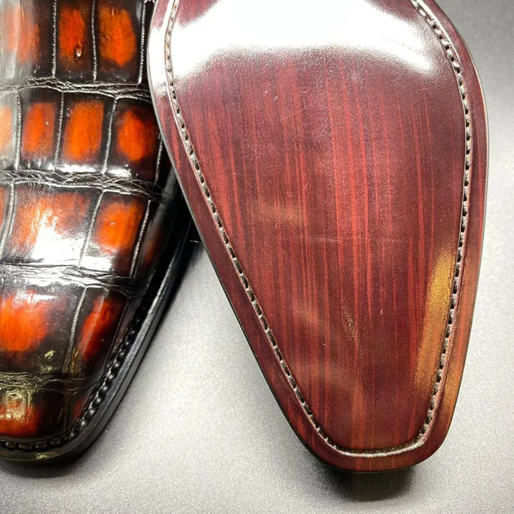 Crocodile Shoes Genuine Crocodile Leather Mens Penny Loafers Dress Shoes Hand Painted Vintage Brown Stylish Look Model Mode