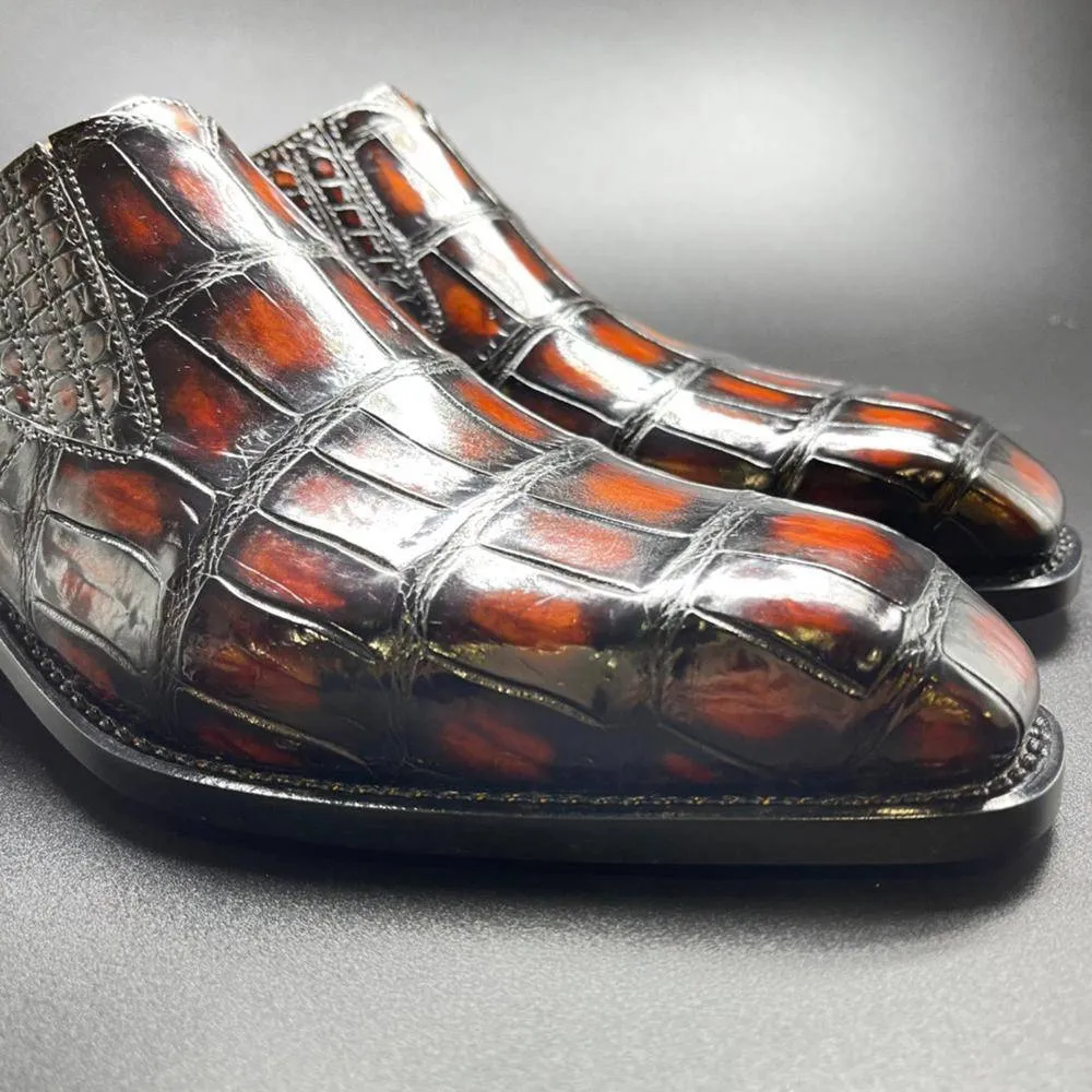 Love Step Crocodile Shoes Genuine Crocodile Leather Mens Penny Loafers Dress Shoes Hand Painted Vintage Brown