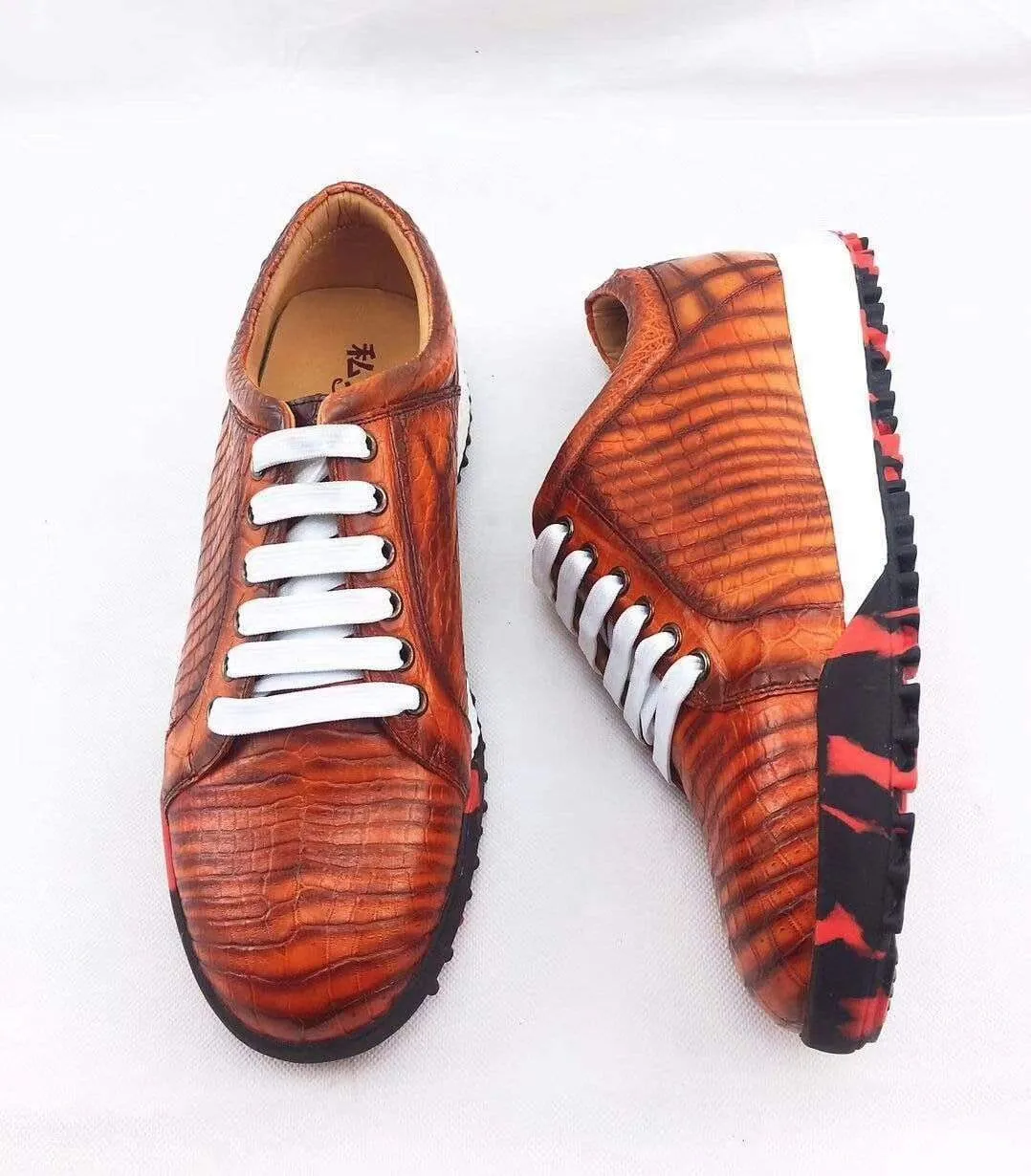 Leaf Glow Camp Time Crocodile Shoes Fashion Men's Low-Top Casual Sneakers  In Orange Crocodile Leather