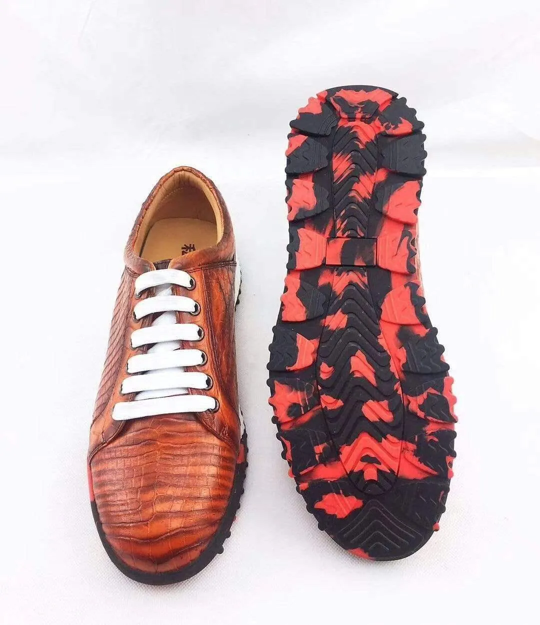 Crocodile Shoes Fashion Men's Low-Top Casual Sneakers  In Orange Crocodile Leather Sleek Profile Shoes Herb Walk