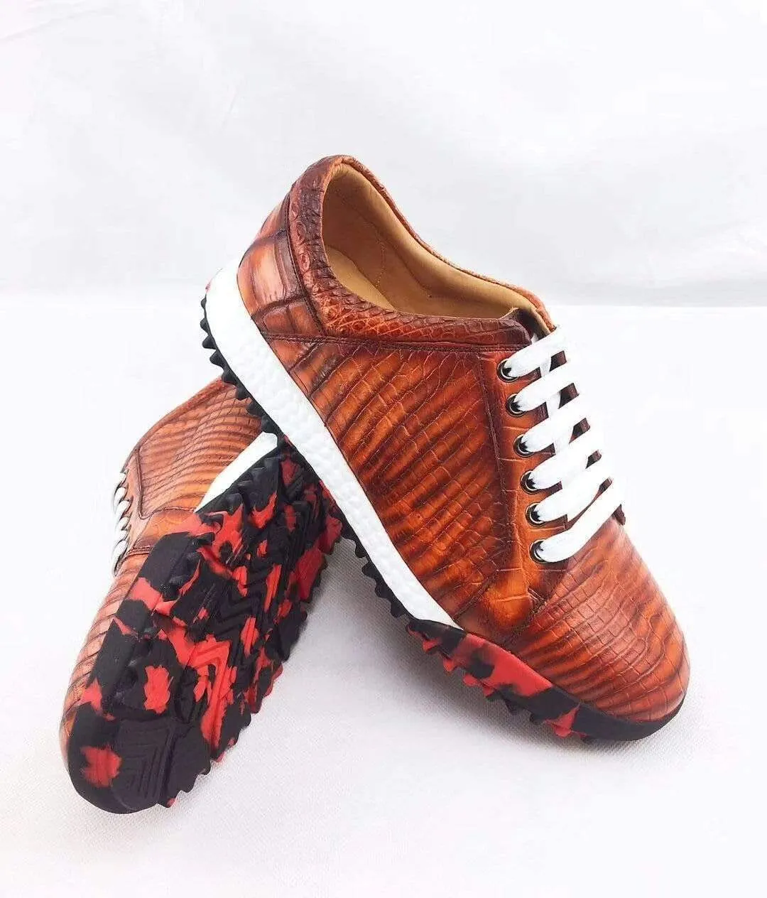 Easy Fit Flats Air Cool Crocodile Shoes Fashion Men's Low-Top Casual Sneakers  In Orange Crocodile Leather