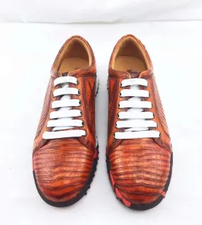 Ice Path Crocodile Shoes Fashion Men's Low-Top Casual Sneakers  In Orange Crocodile Leather