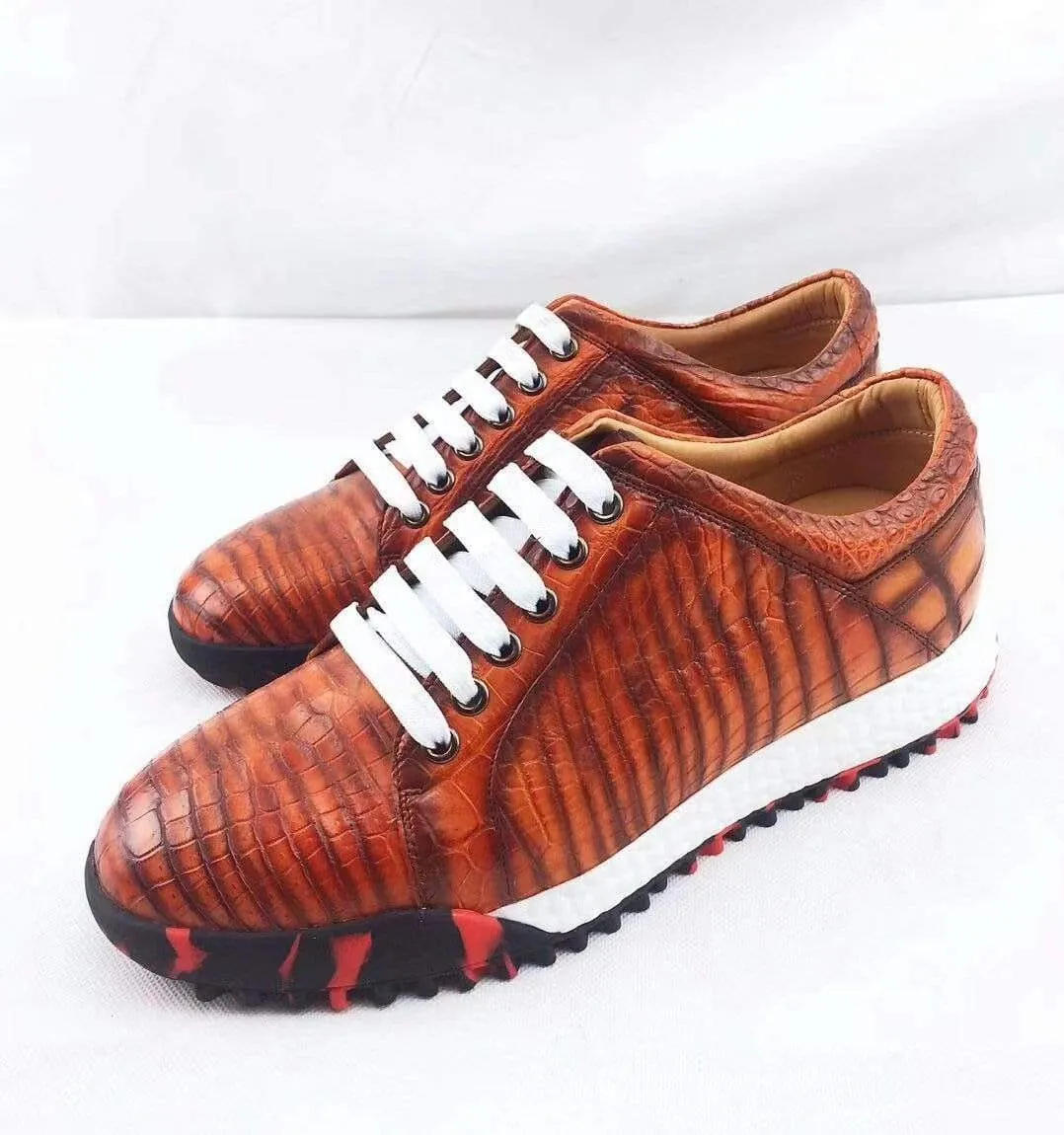 Crocodile Shoes Fashion Men's Low-Top Casual Sneakers  In Orange Crocodile Leather Side Path Simple Style