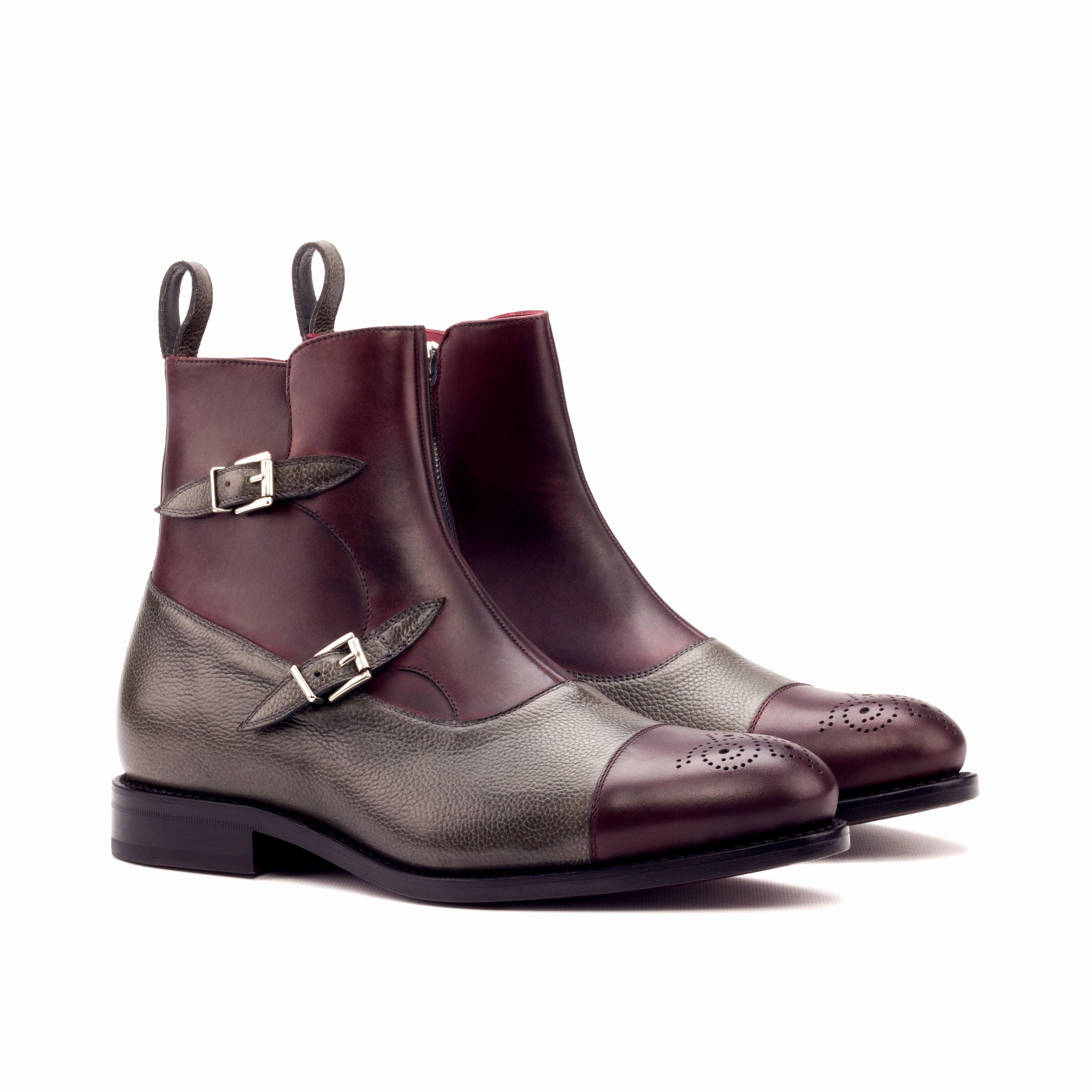 Burgundy & Grey Calf Leather Double-Monk Boots Country Side midsole