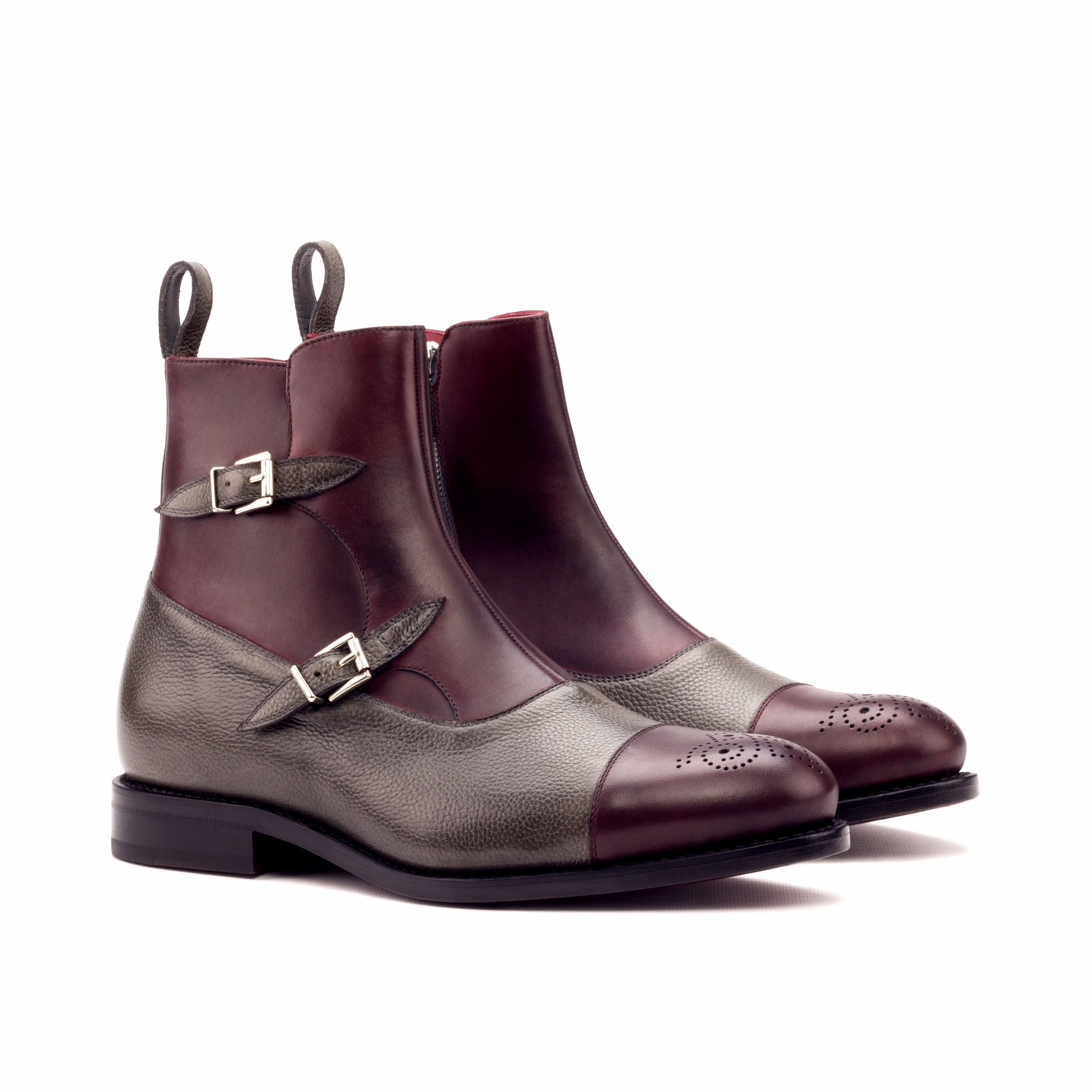Minimalist Appeal Comfortable Feeling Burgundy & Grey Calf Leather Double-Monk Boots