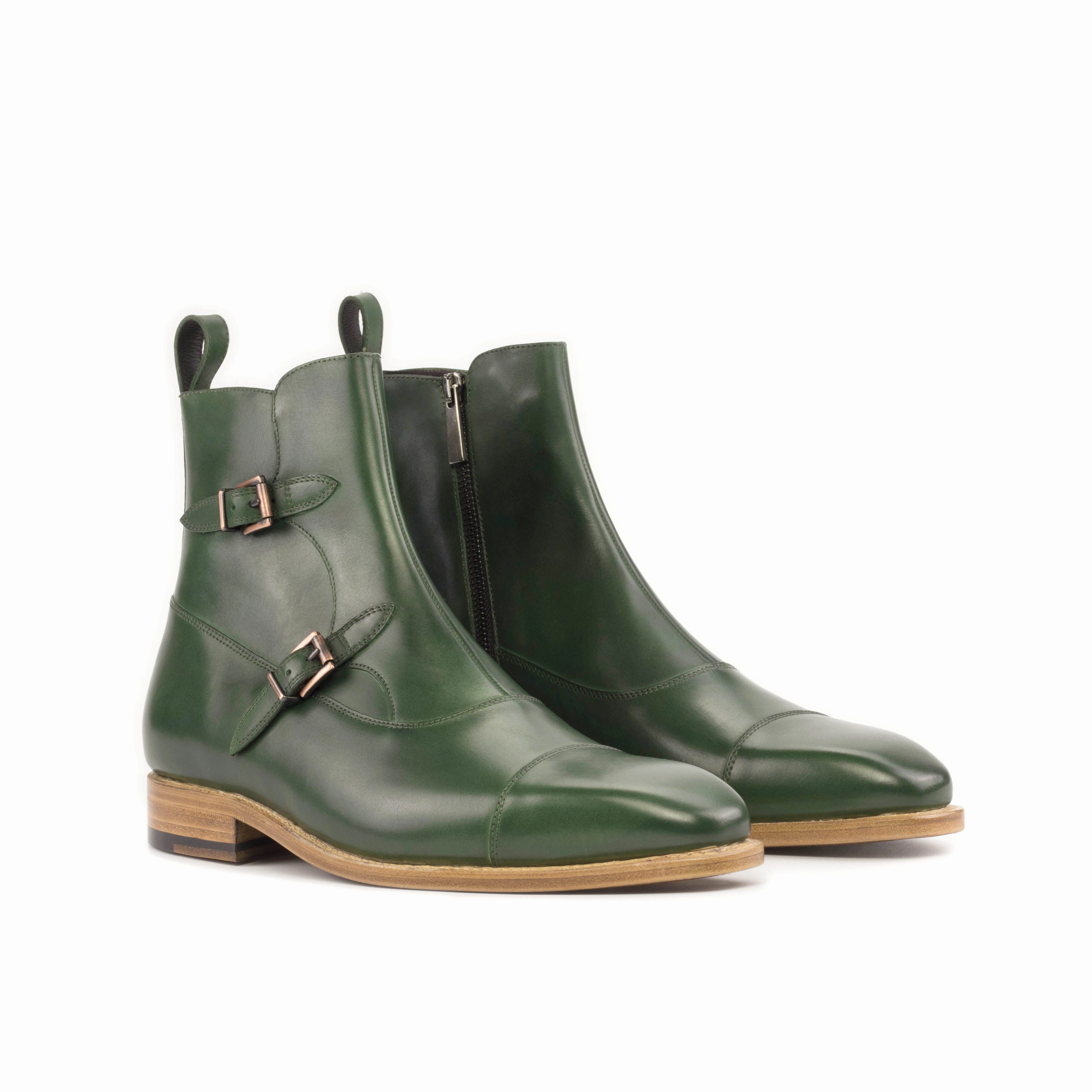 Versatile Wear Insulated Night Travel Forest Green Calf Leather Double Monk Boots