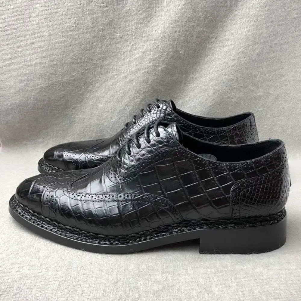Crocodile Shoes Men's Crocodile Leather Brogue Norwegian Stitch  Lace-Up Business Shoes Cozy Design