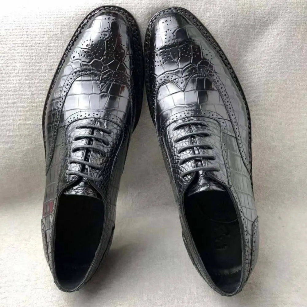 Trendy Crocodile Shoes Men's Crocodile Leather Brogue Norwegian Stitch  Lace-Up Business Shoes