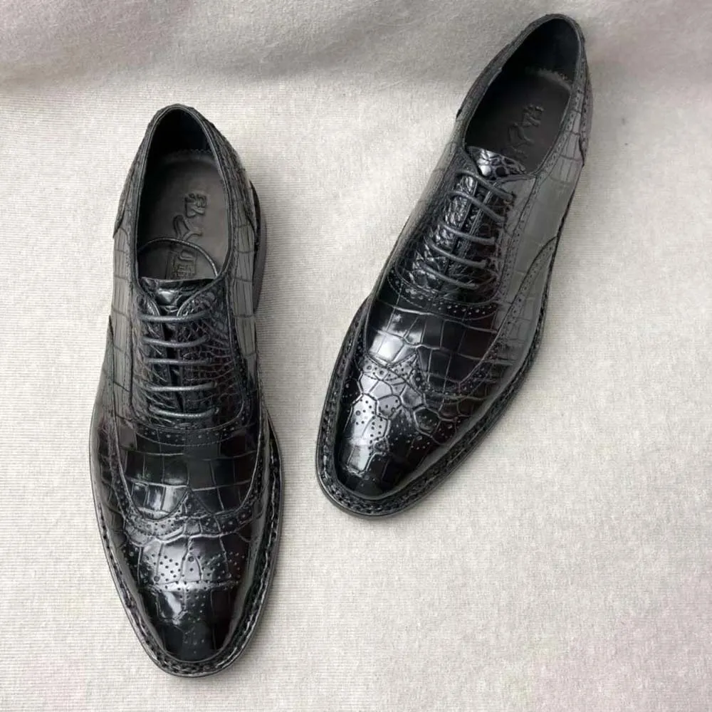 Crocodile Shoes Men's Crocodile Leather Brogue Norwegian Stitch  Lace-Up Business Shoes Day-to-Day Wear Fragrance Walk