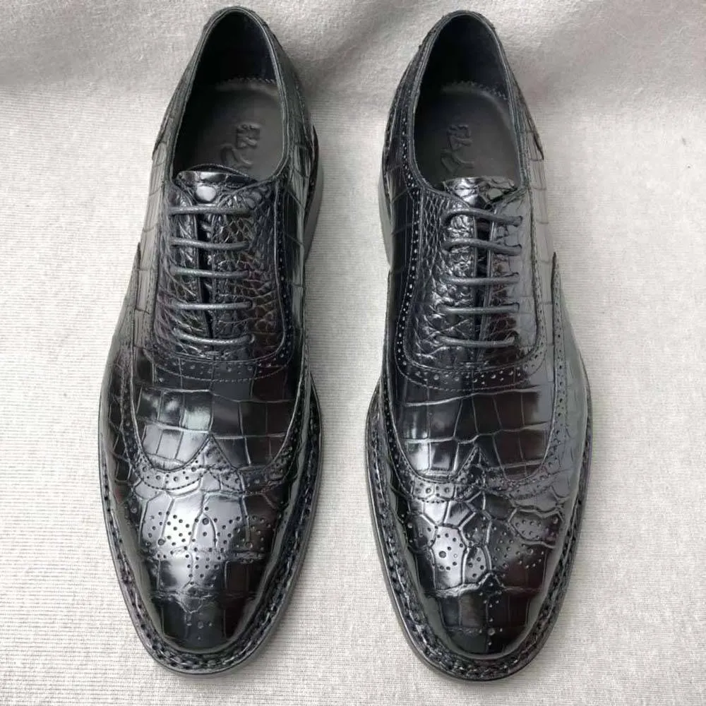 Grip Base Crocodile Shoes Men's Crocodile Leather Brogue Norwegian Stitch  Lace-Up Business Shoes