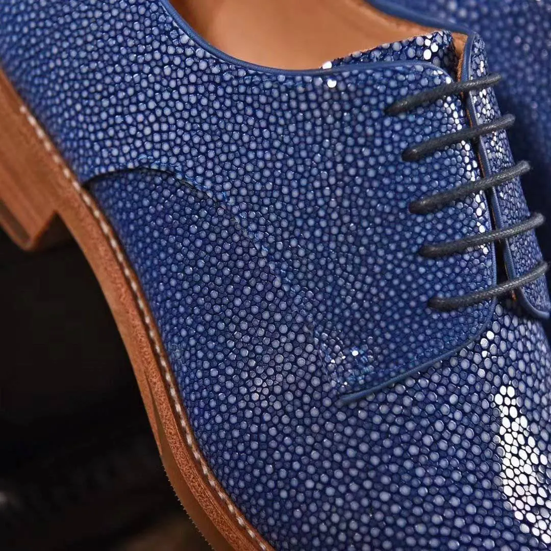 Genuine Pearl Stingray Leather Mens Wingtip Formal Lace up Wedding Office Shoes Blue Love Glow