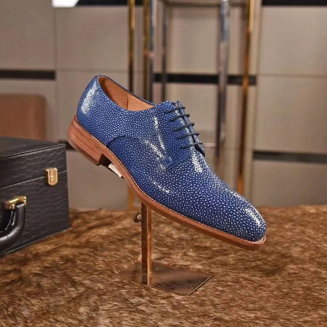 Light Step Snug Fit Design Genuine Pearl Stingray Leather Mens Wingtip Formal Lace up Wedding Office Shoes Blue