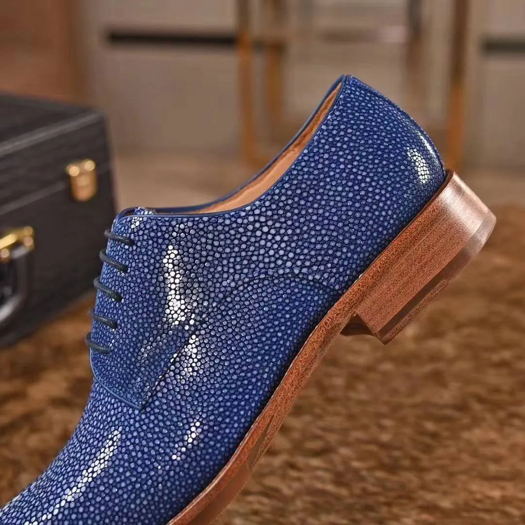 Genuine Pearl Stingray Leather Mens Wingtip Formal Lace up Wedding Office Shoes Blue Versatile Look