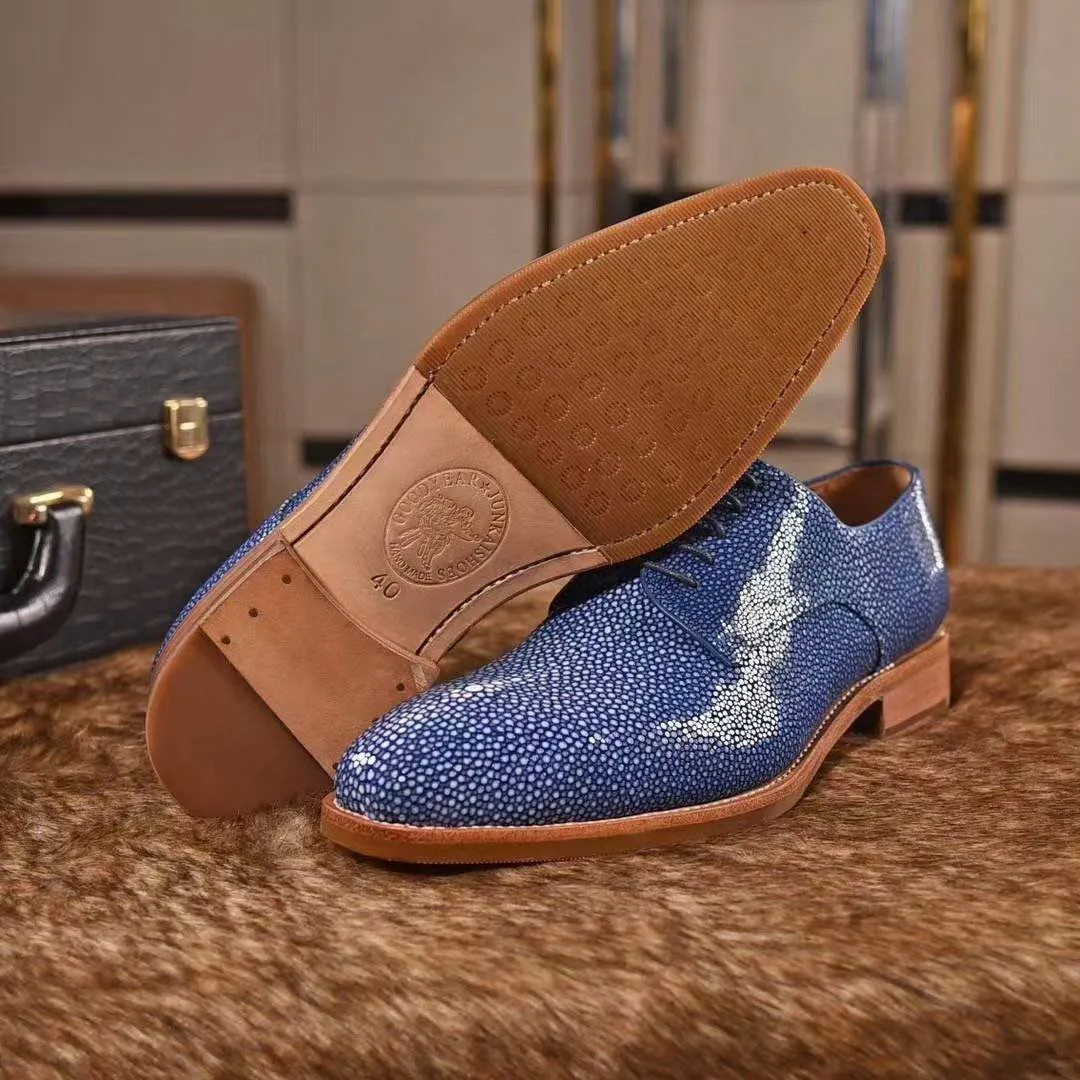 Cozy Cushion Genuine Pearl Stingray Leather Mens Wingtip Formal Lace up Wedding Office Shoes Blue