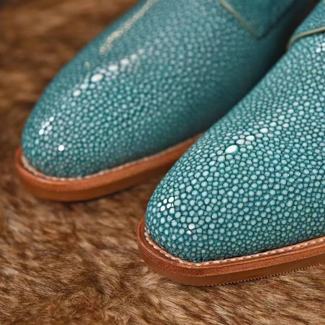 Genuine Pearl Stingray Leather Mens Wingtip Formal Lace up Wedding Office Shoes Green Fragrance Walk