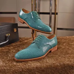 Genuine Pearl Stingray Leather Mens Wingtip Formal Lace up Wedding Office Shoes Green Trendy Appearance