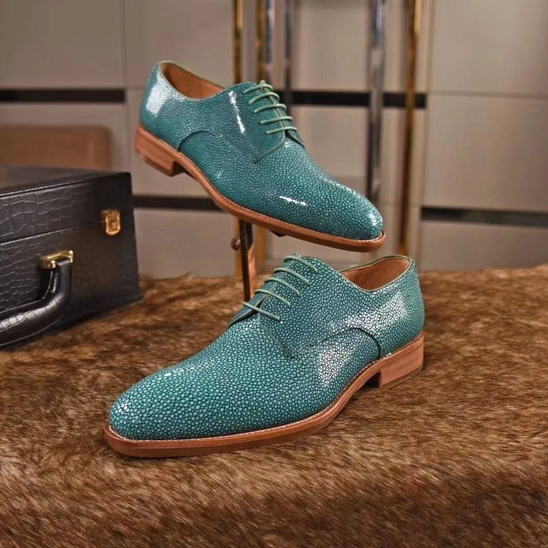 Genuine Pearl Stingray Leather Mens Wingtip Formal Lace up Wedding Office Shoes Green Trendy Appearance