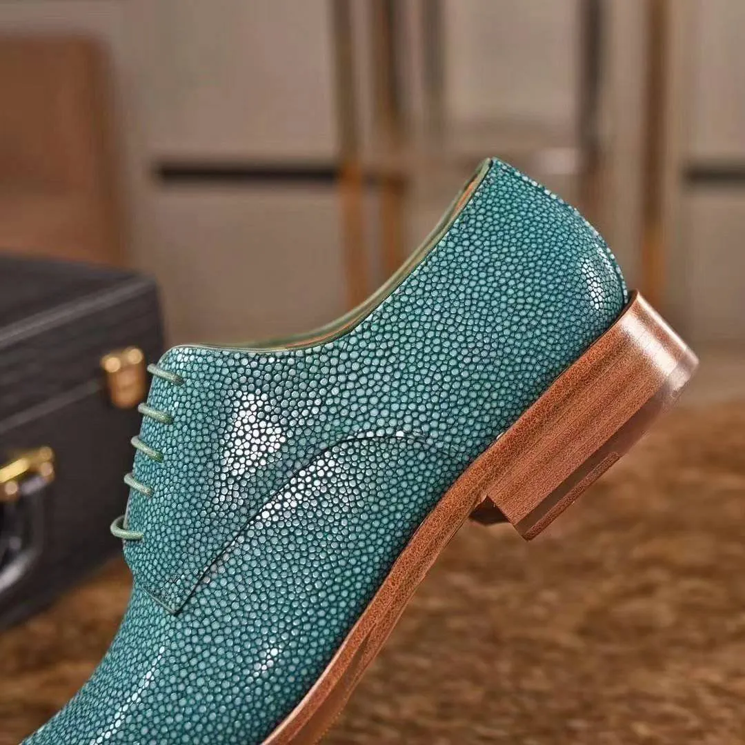 Elegant Cushion Genuine Pearl Stingray Leather Mens Wingtip Formal Lace up Wedding Office Shoes Green